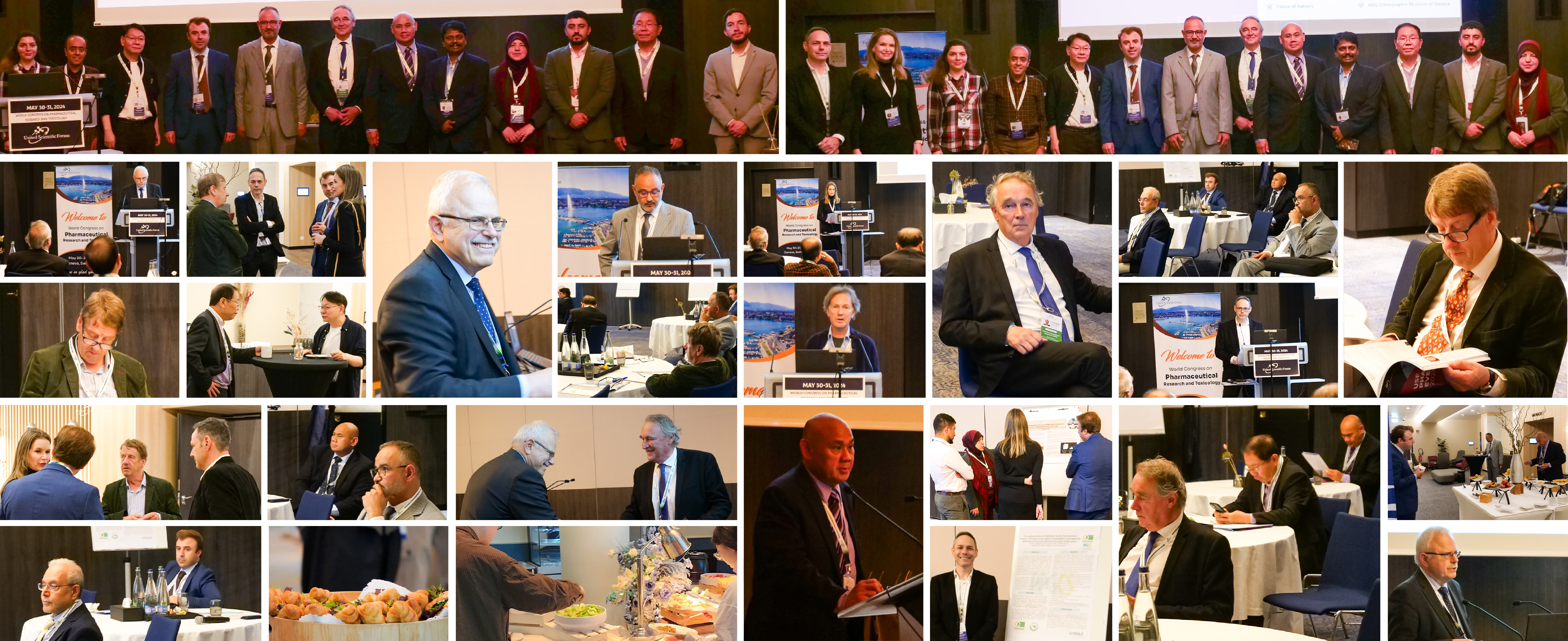 Collage showcasing keynote lectures, scientific presentations, panel discussions, networking sessions, and international delegates attending a global pharmaceutical and healthcare research conference.
